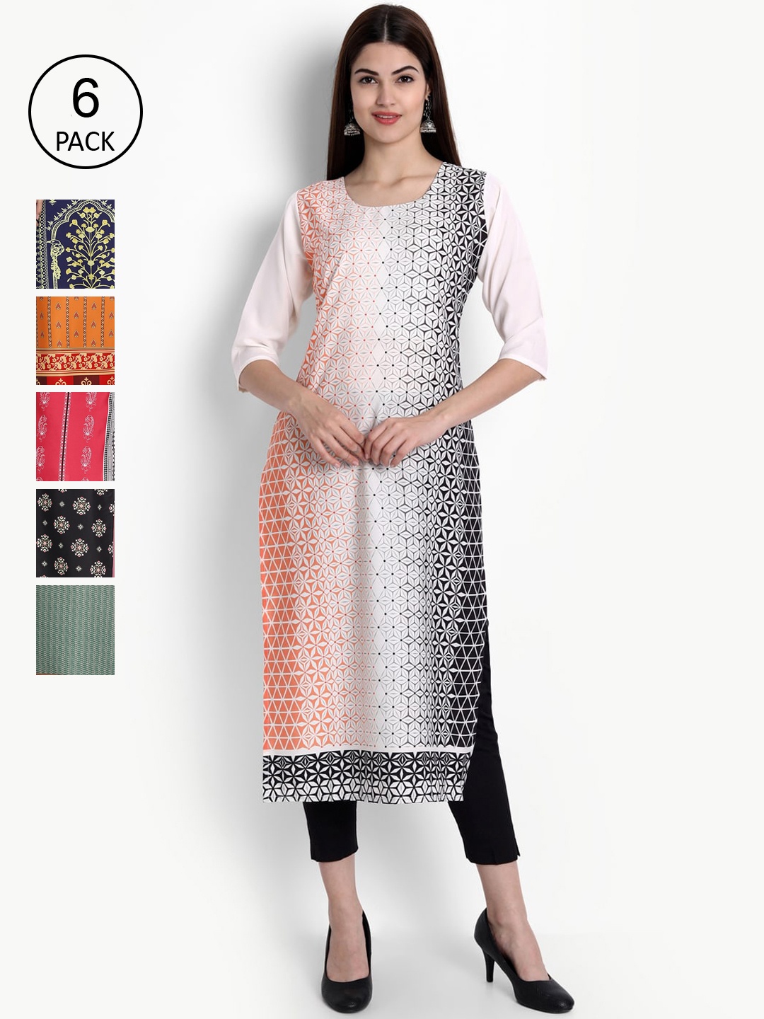 

Ethnic basket Women Set Of 6 Blue & Green Ethnic Motifs Printed Crepe Kurta