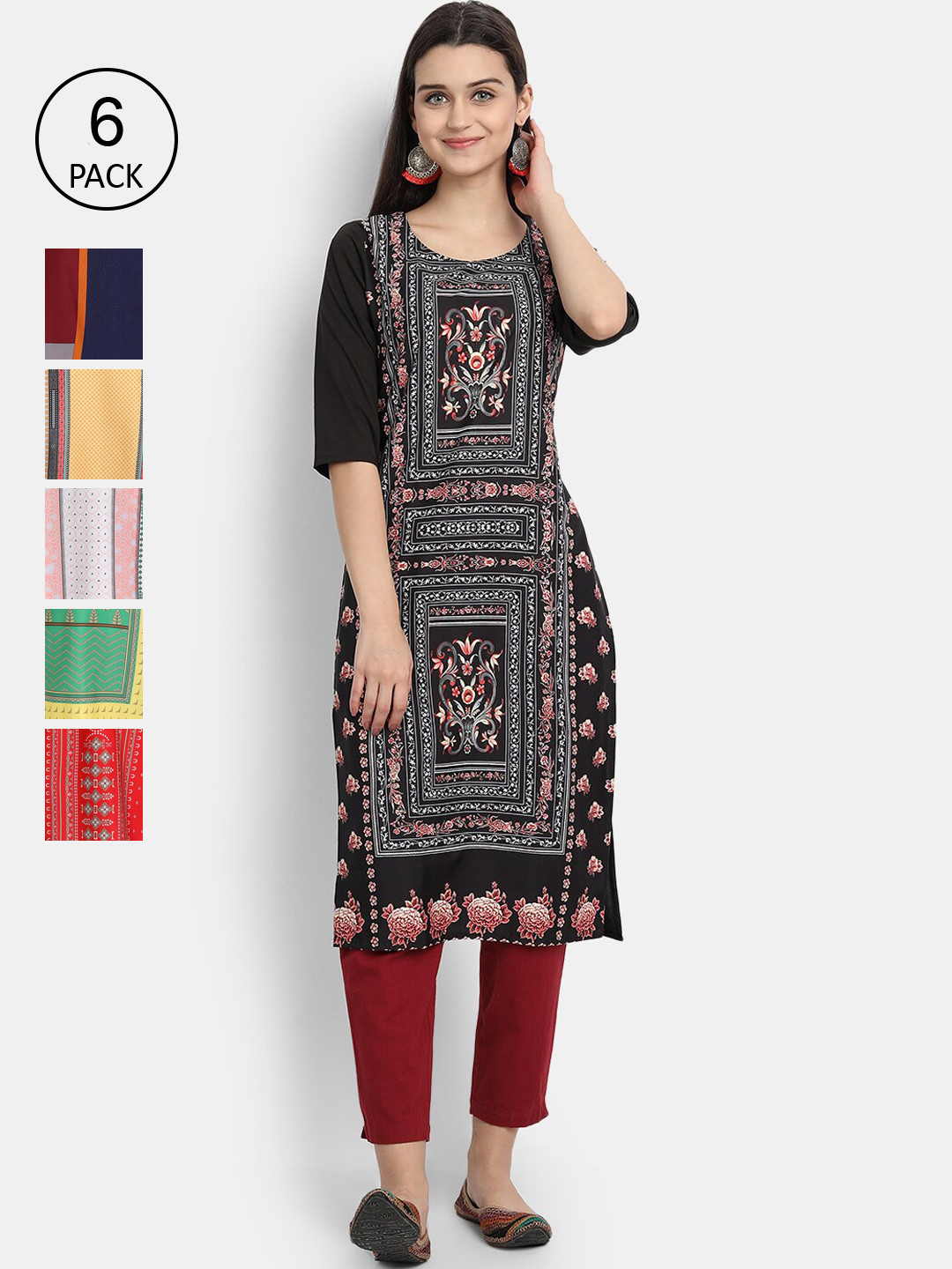 

Ethnic basket Women Pack of 6 Digital Printed Straight Kurtas, Black