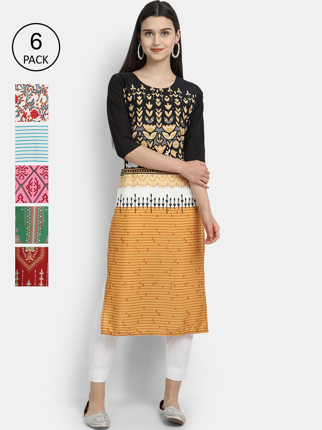 

Ethnic basket Women Multicoloured Set of 6 Ethnic Motifs Printed Crepe Kurta, Multi