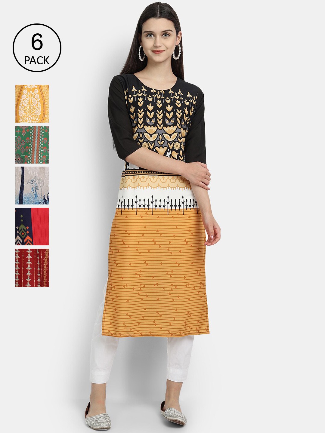 

Ethnic basket Women Set Of 6 Yellow & Red Floral Printed Crepe Kurta