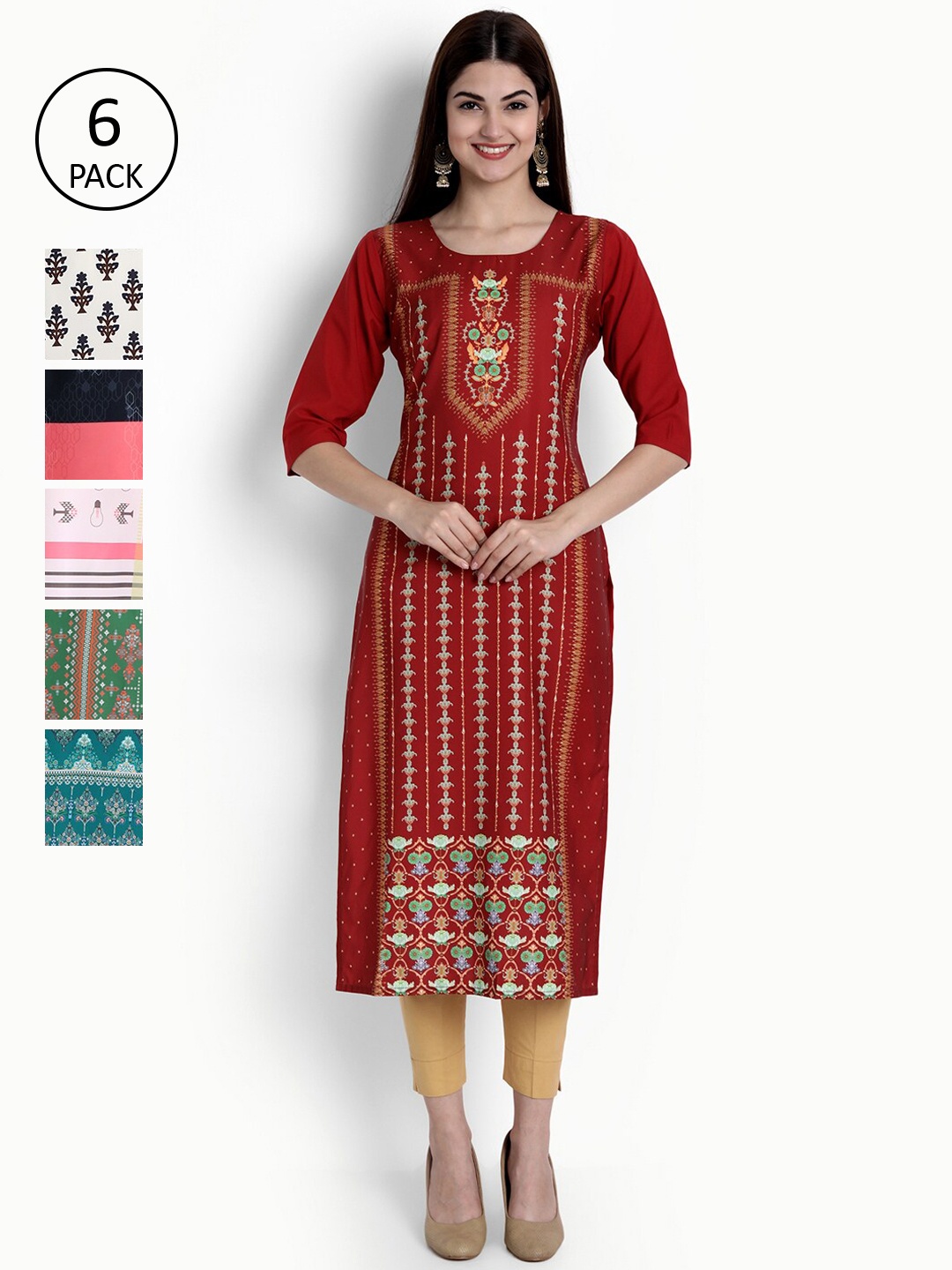 

Ethnic basket Women Pack of 6 Maroon & Teal Blue Ethnic Motifs Printed Crepe Kurtas