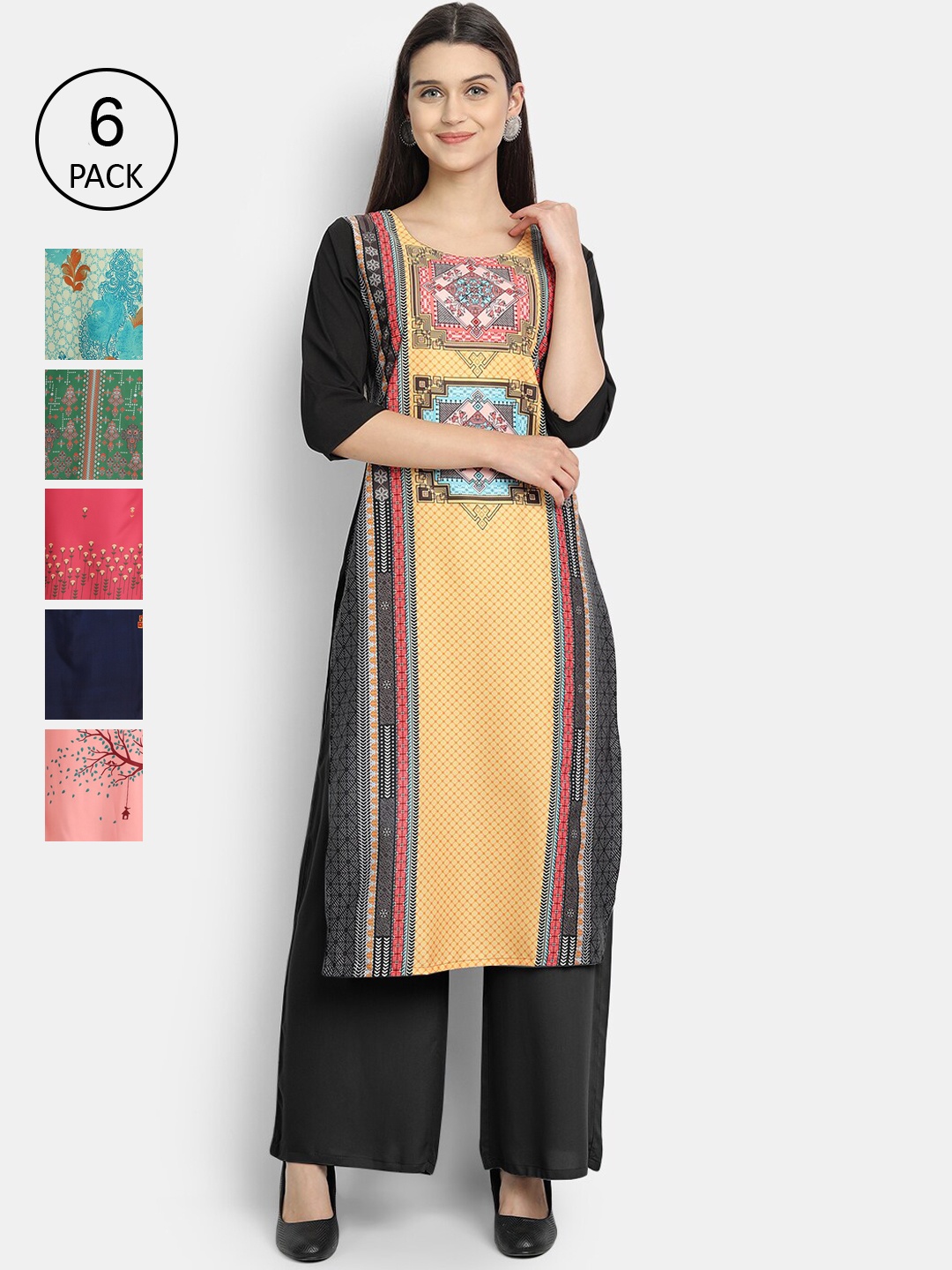 

Ethnic basket Women Navy Blue & Pink Ethnic Motifs Printed Crepe Kurta Pack Of 6
