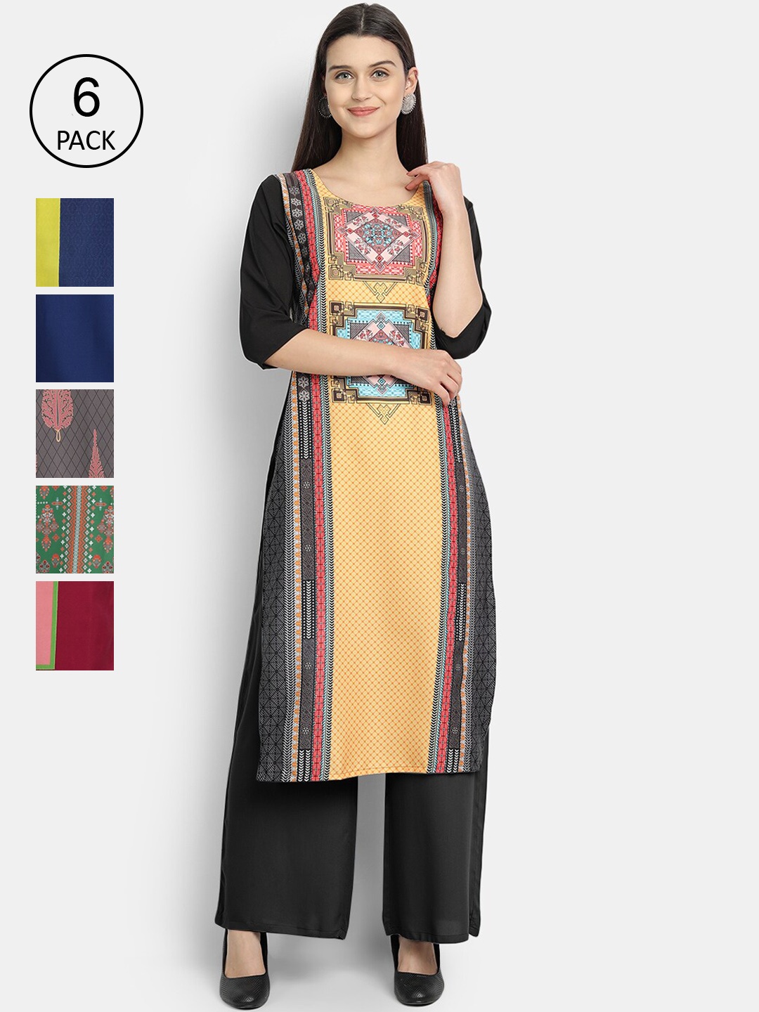 

Ethnic basket Women Pack of 6 Digital Printed Straight Kurtas, Yellow