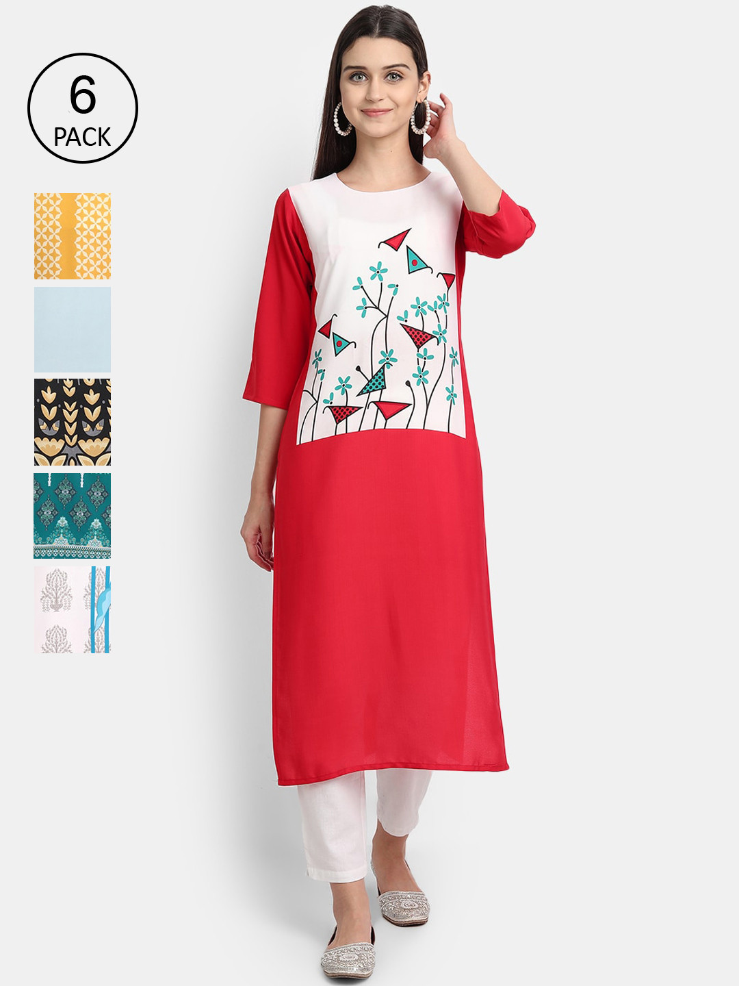 

Ethnic basket Women Multicoloured Set of 6 Ethnic Motifs Printed Crepe Kurta, Multi