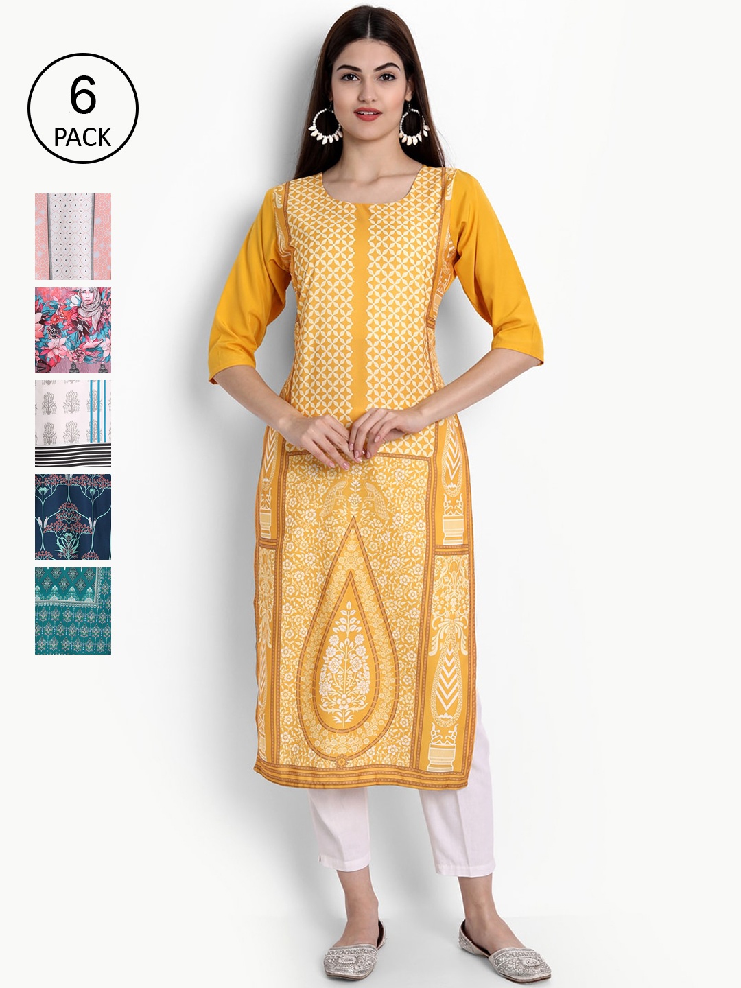 

Ethnic basket Women Set Of 6 Yellow & Blue Floral Printed Crepe Kurta