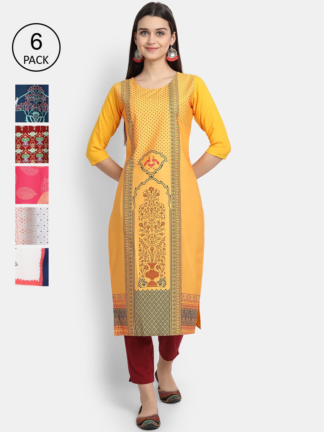 

Ethnic basket Women Pack of 6 Digital Printed Straight Kurtas, Yellow