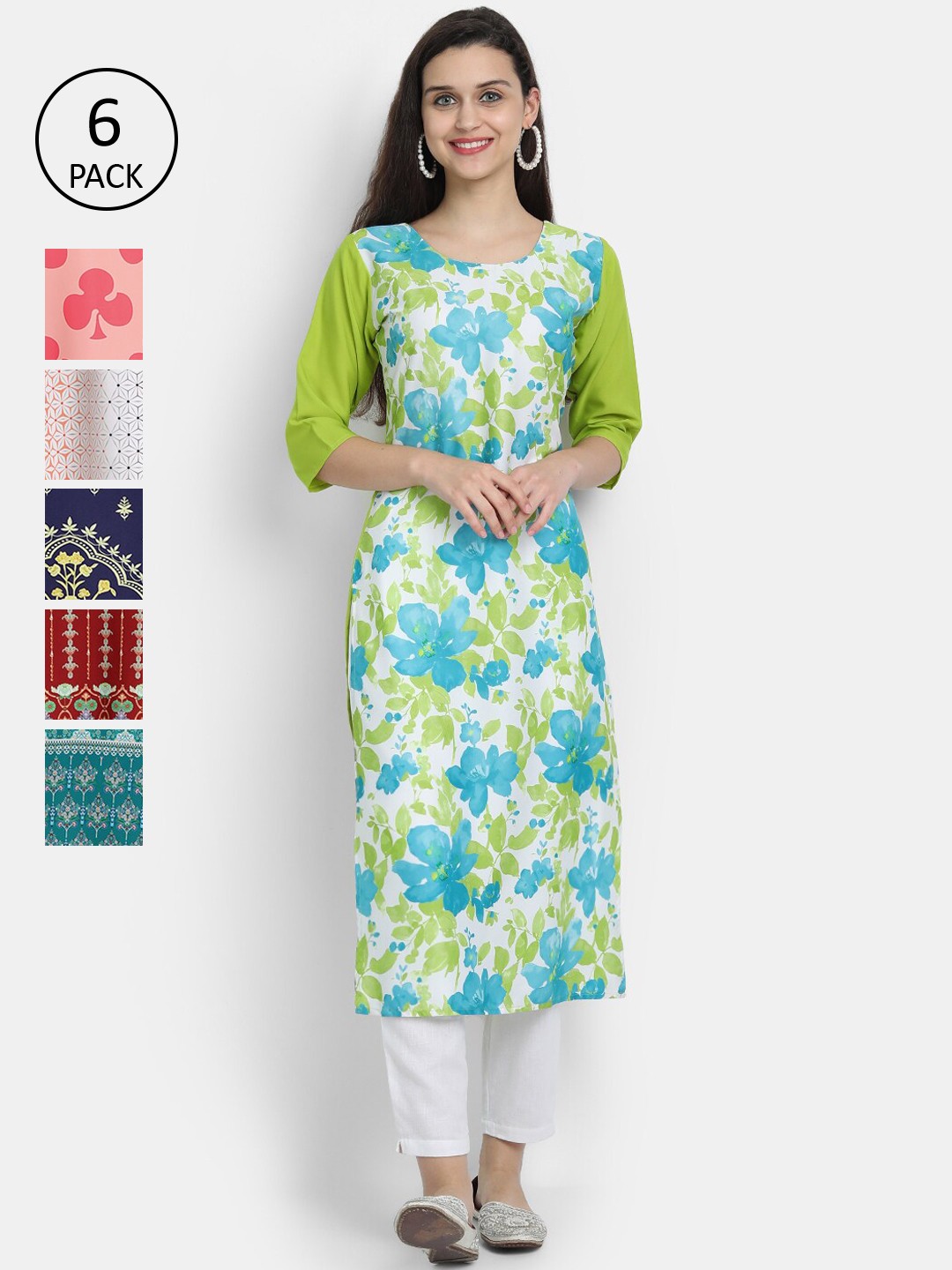 

Ethnic basket Women Pack Of 6 Digital Printed Crepe Kurta, Green