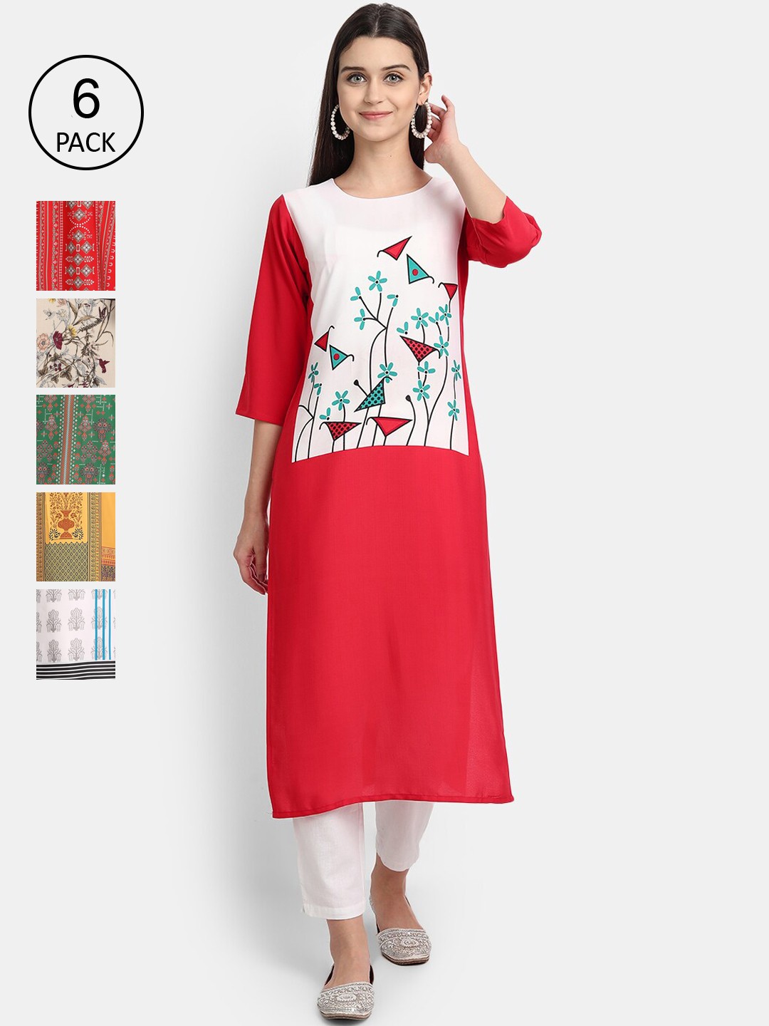 

Ethnic basket Women Red & Yellow Ethnic Motifs Printed Crepe Kurta Pack Of 6