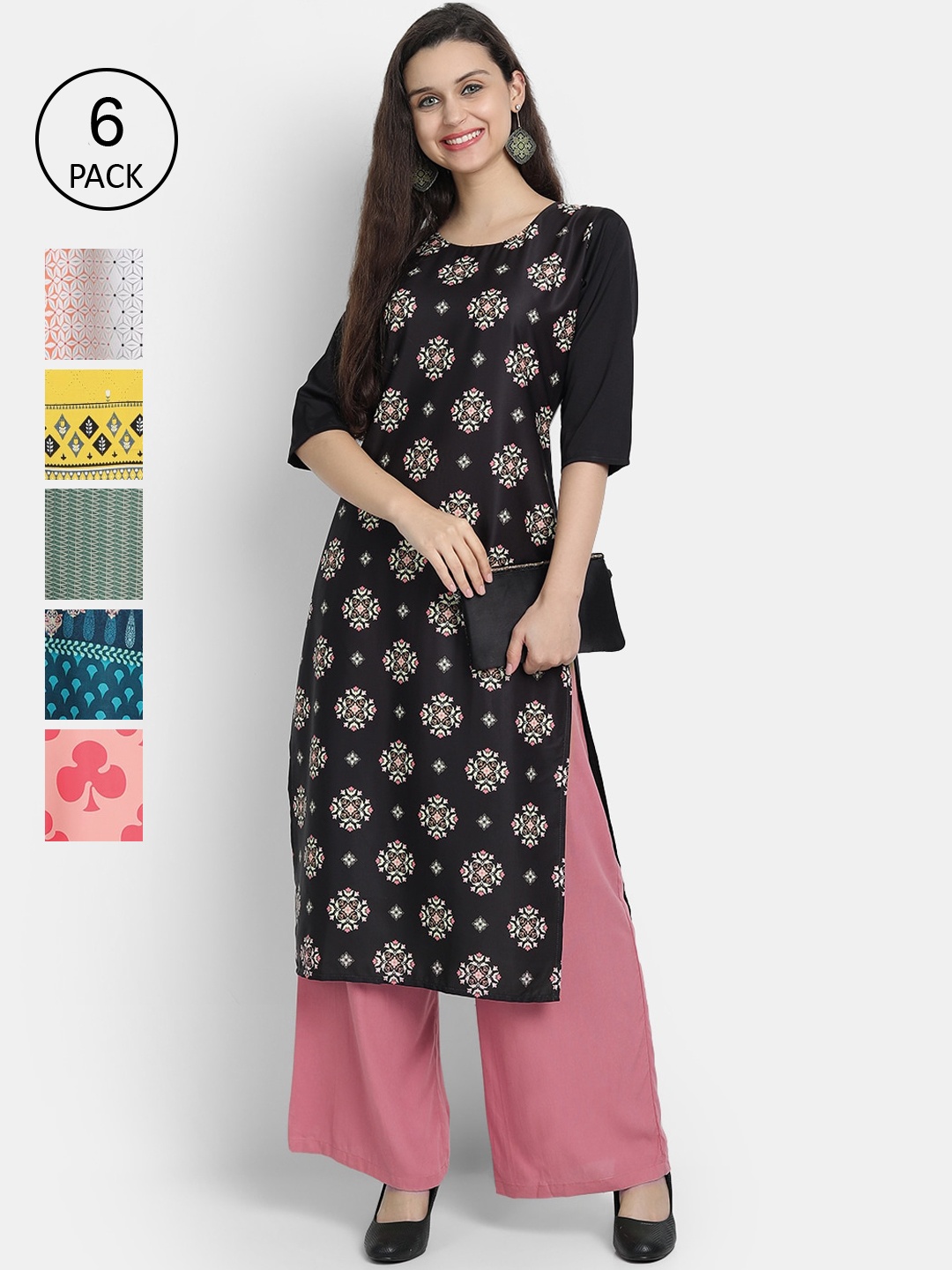 

Ethnic basket Women Pack of 6 Floral Printed Crepe Kurta, Black
