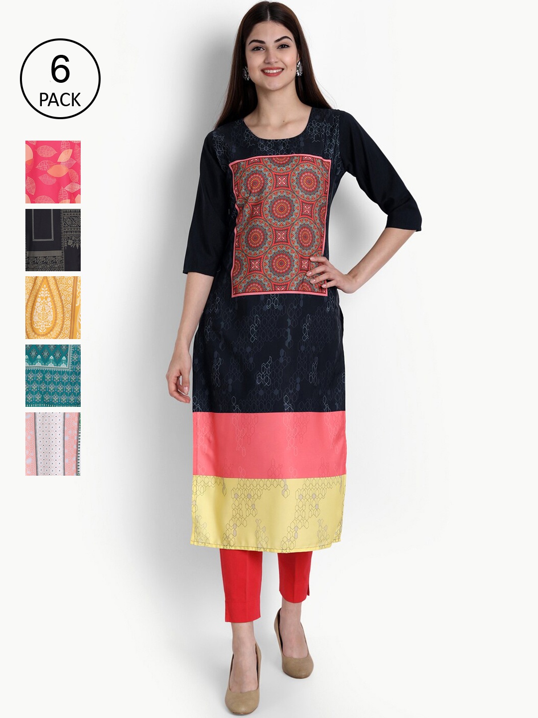 

Ethnic basket Women Set Of 6 Black & Pink Ethnic Motifs Printed Crepe Kurta