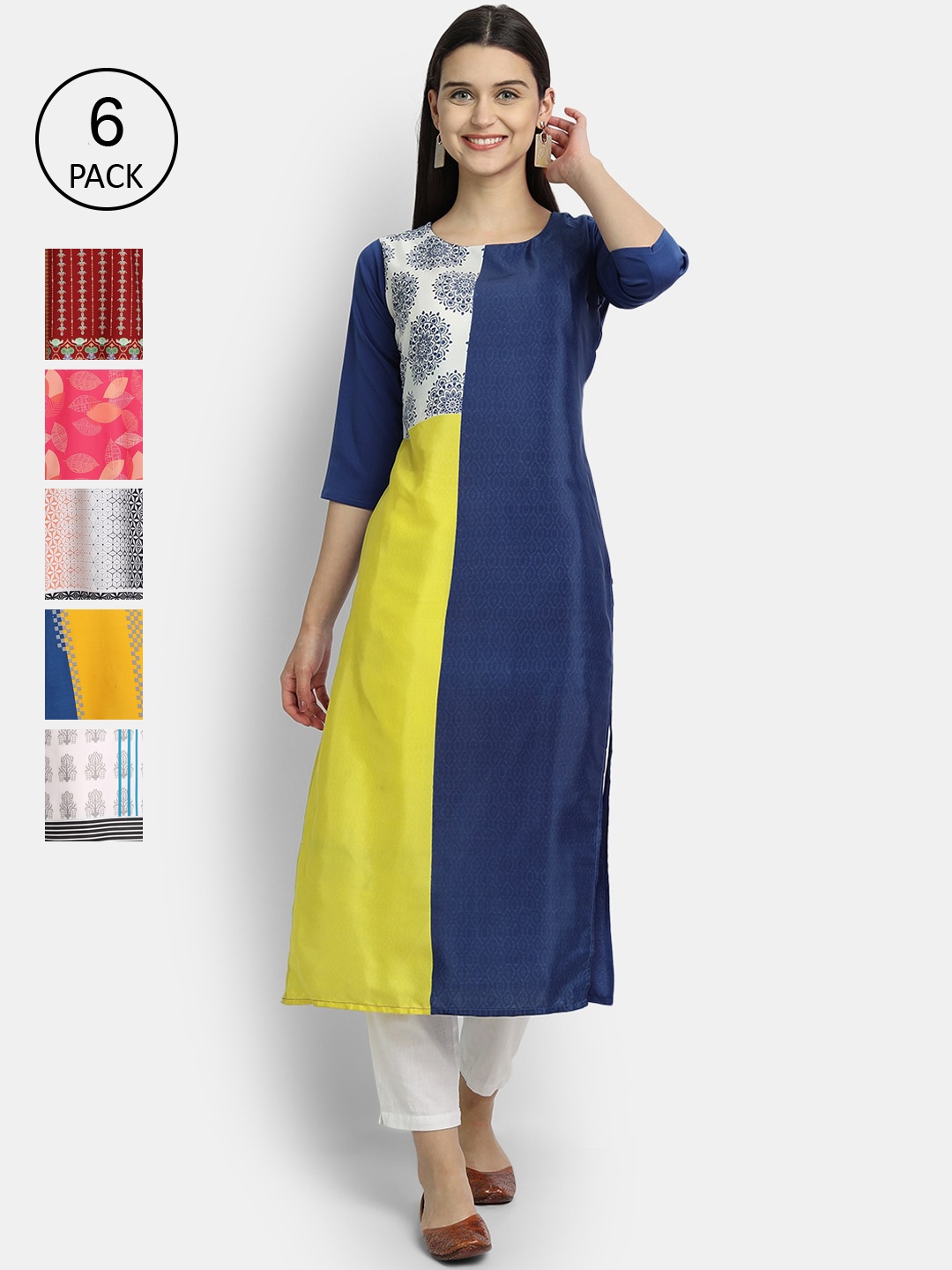

Ethnic basket Women Multicoloured Set of 6 Ethnic Motifs Printed Crepe Kurta, Multi