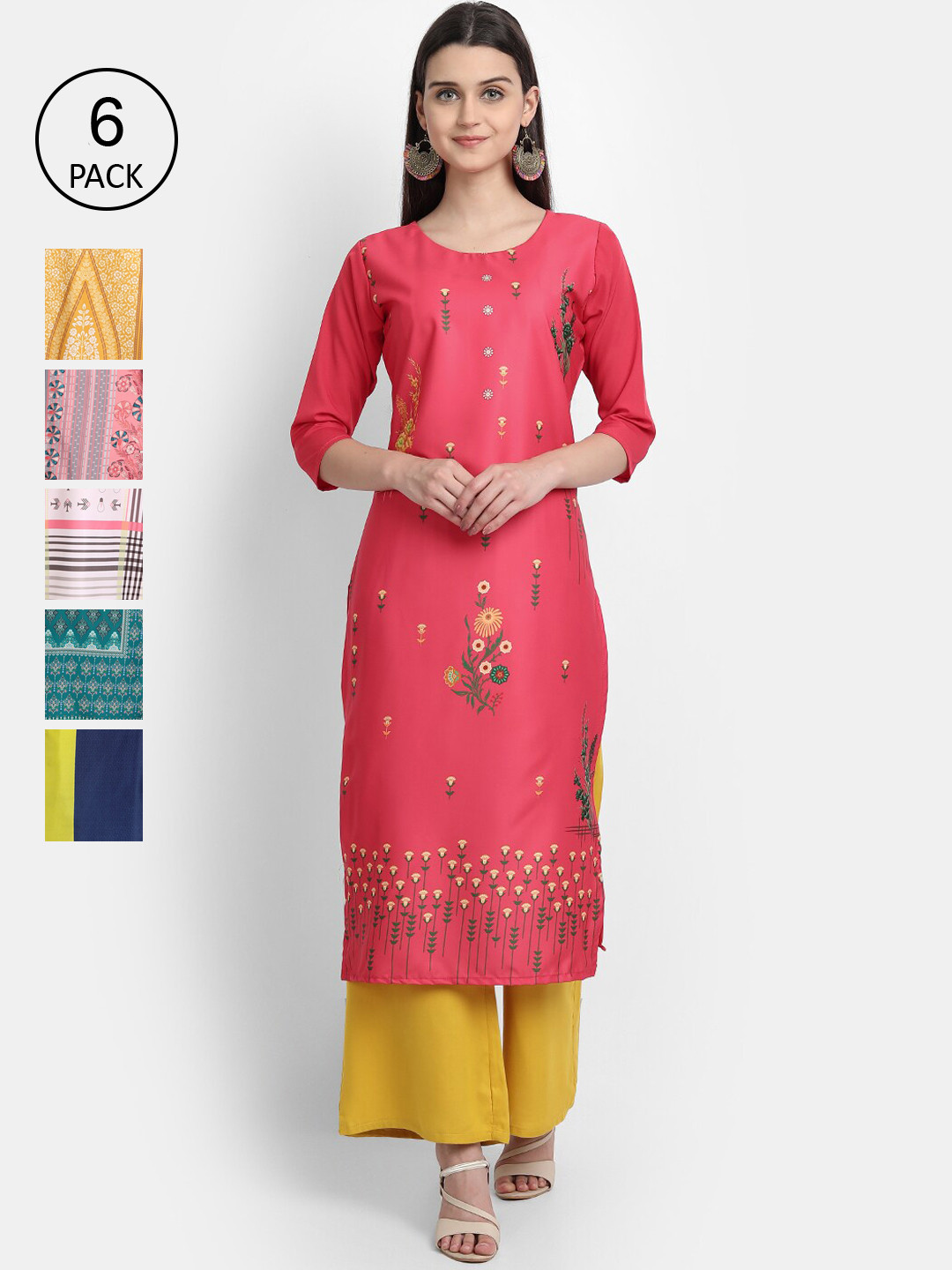 

Ethnic basket Women Pack of 6 Digital Printed Straight Kurtas, Fuchsia