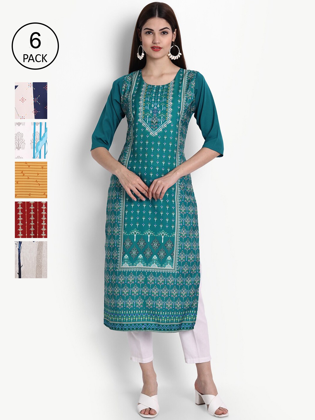 

Ethnic basket Women Set Of 6 Blue & Red Ethnic Motifs Printed Crepe Kurta