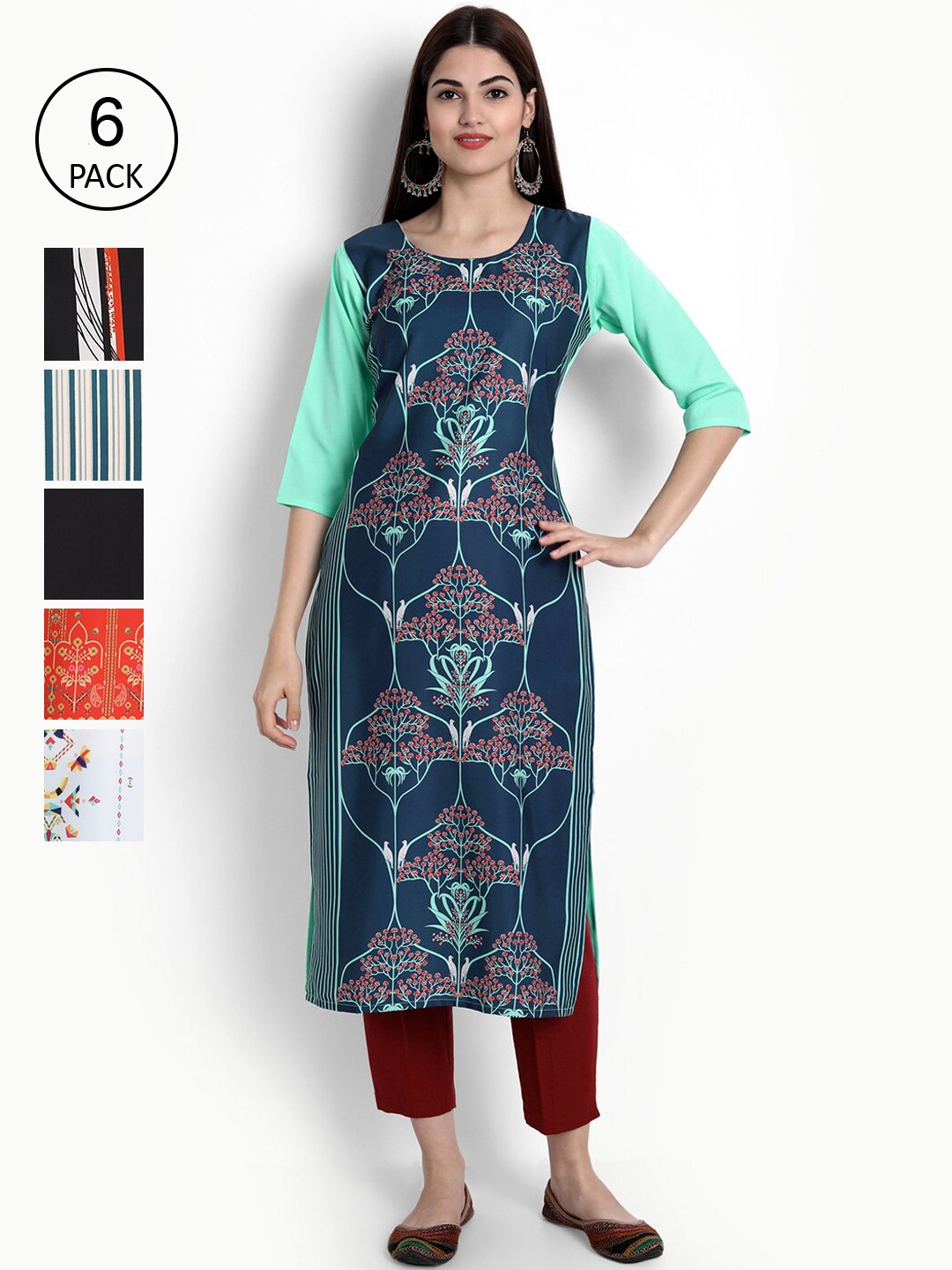 

Ethnic basket Women Pack of 6 Teal Blue & Orange Floral Printed Crepe Kurtas