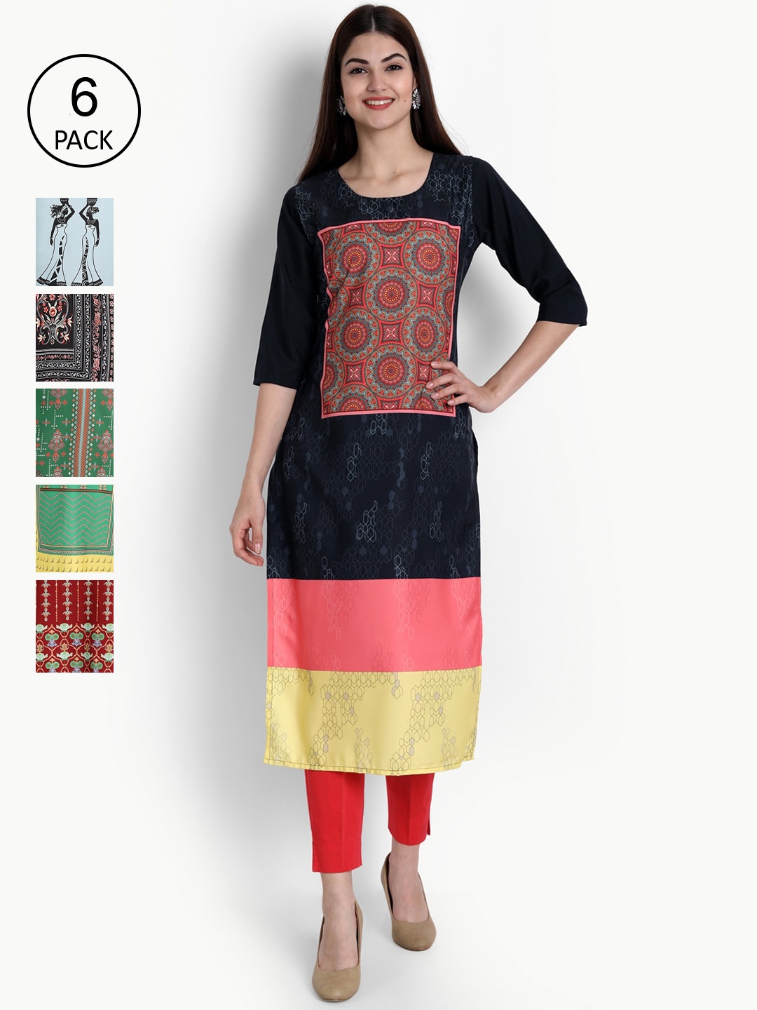 

Ethnic basket Women Pack of 6 Ethnic Motifs Printed Crepe Kurta, Black
