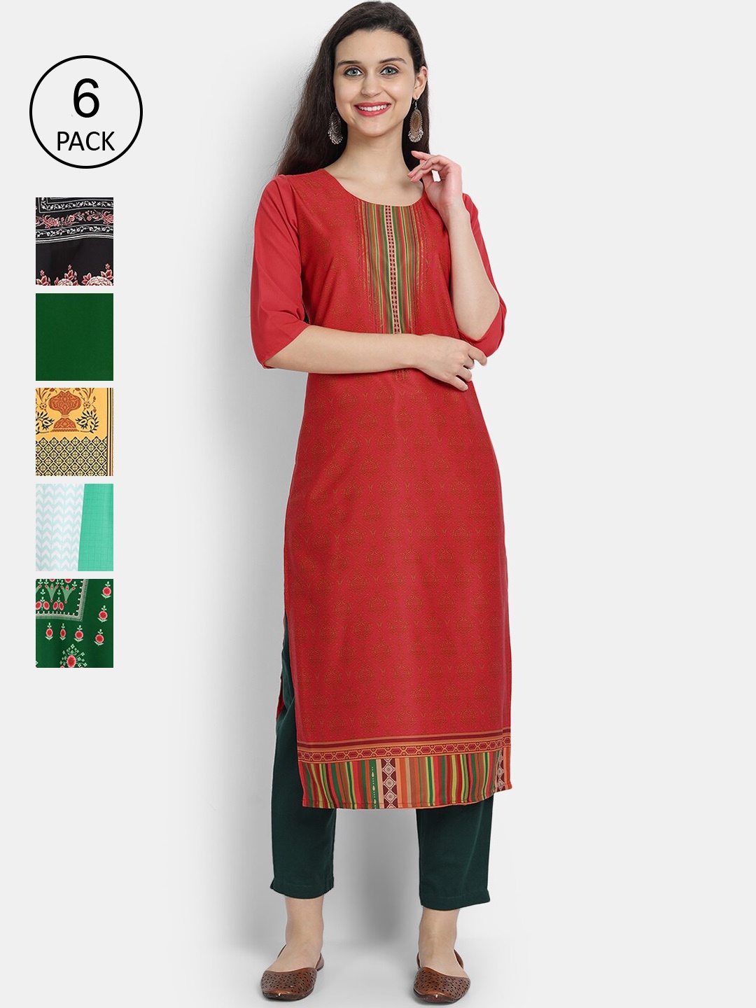 

Ethnic basket Women Pack of 6 Red & Green Geometric Printed Crepe Kurtas