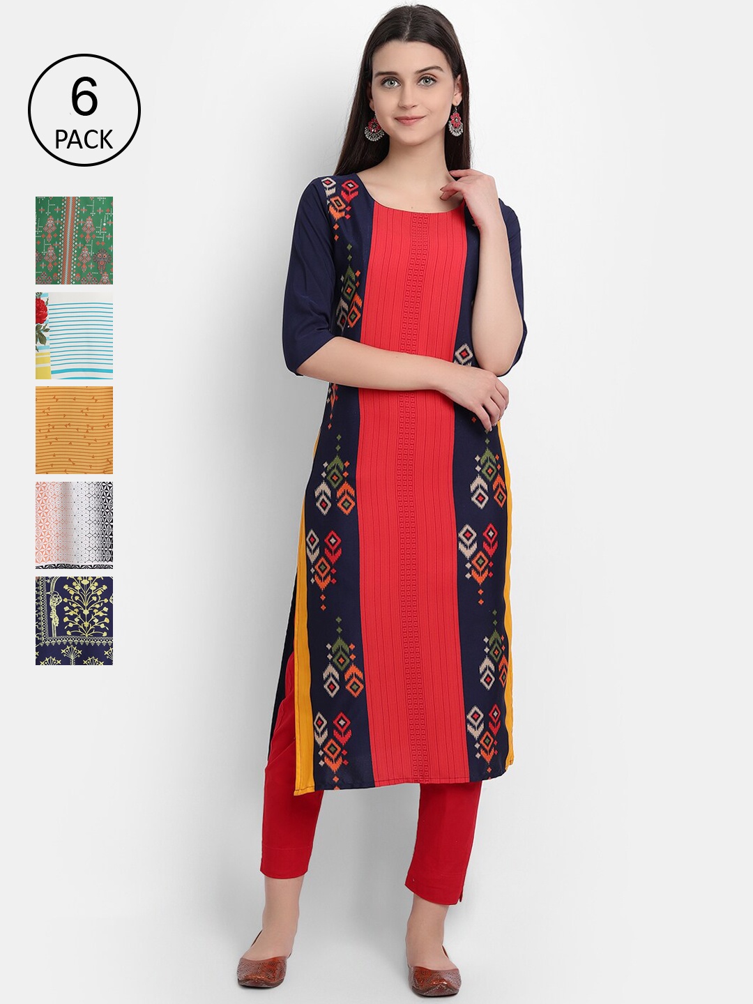 

Ethnic basket Women Pack Of 6 Digital Printed Crepe Kurta, Red