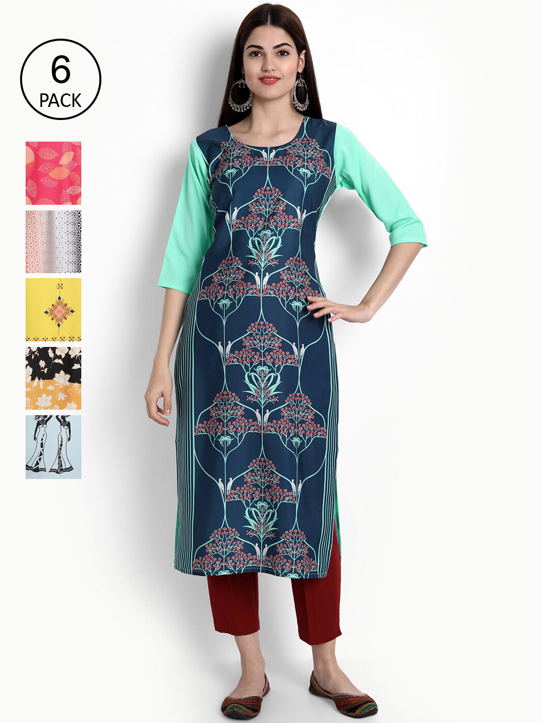 

Ethnic basket Women Pack of 6 Printed Crepe Kurta, Navy blue