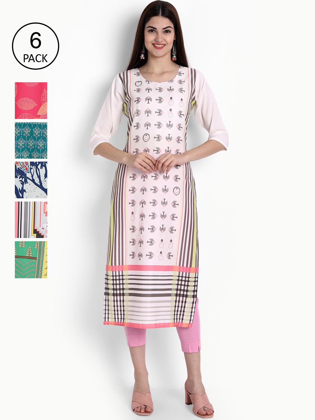 

Ethnic basket Women Multicoloured Pack Of 6 Ethnic Motifs Printed Crepe Kurta, Multi