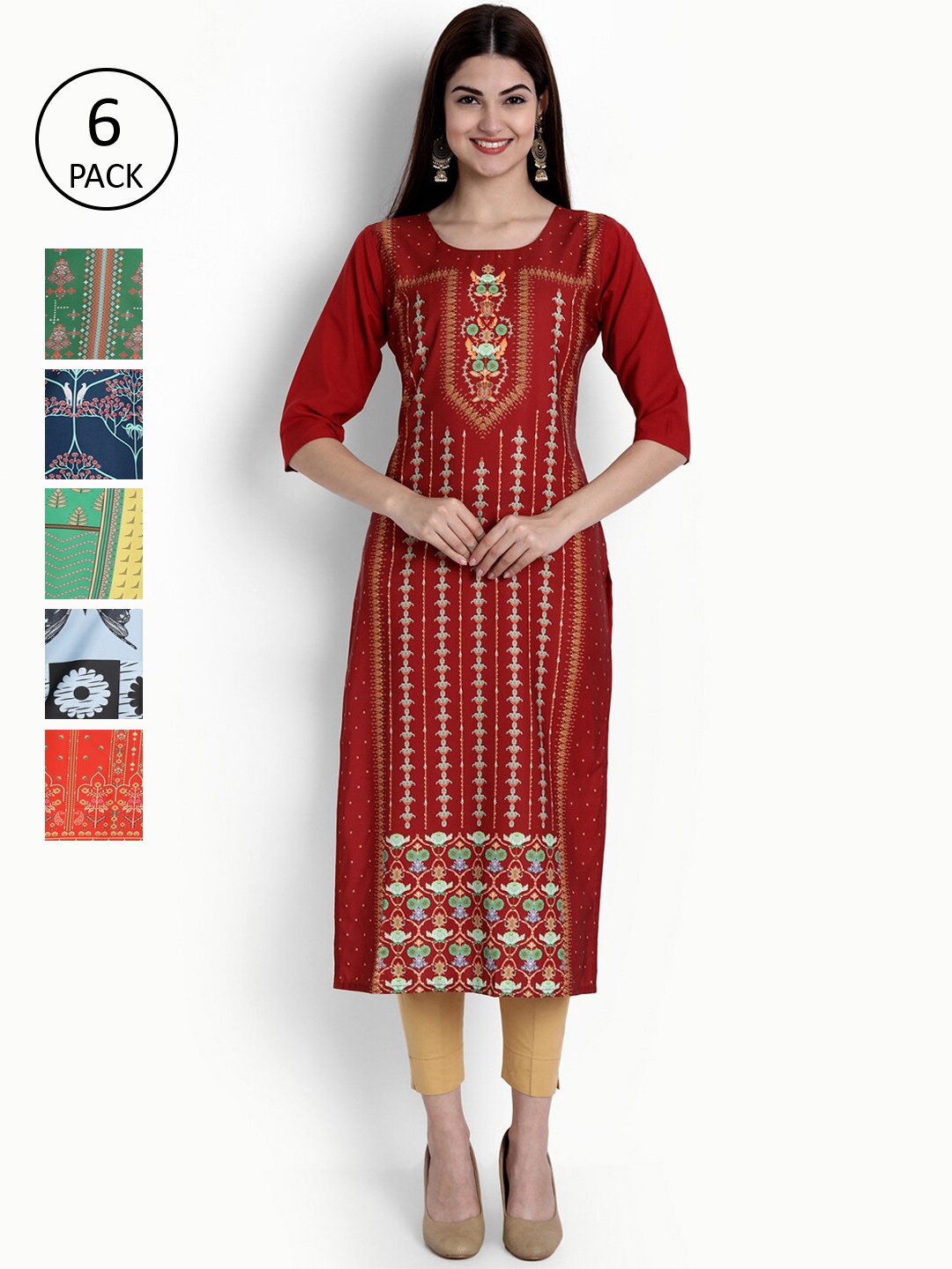

Ethnic basket Women Maroon & Green Ethnic Motifs Printed Crepe Kurta Pack Of 6