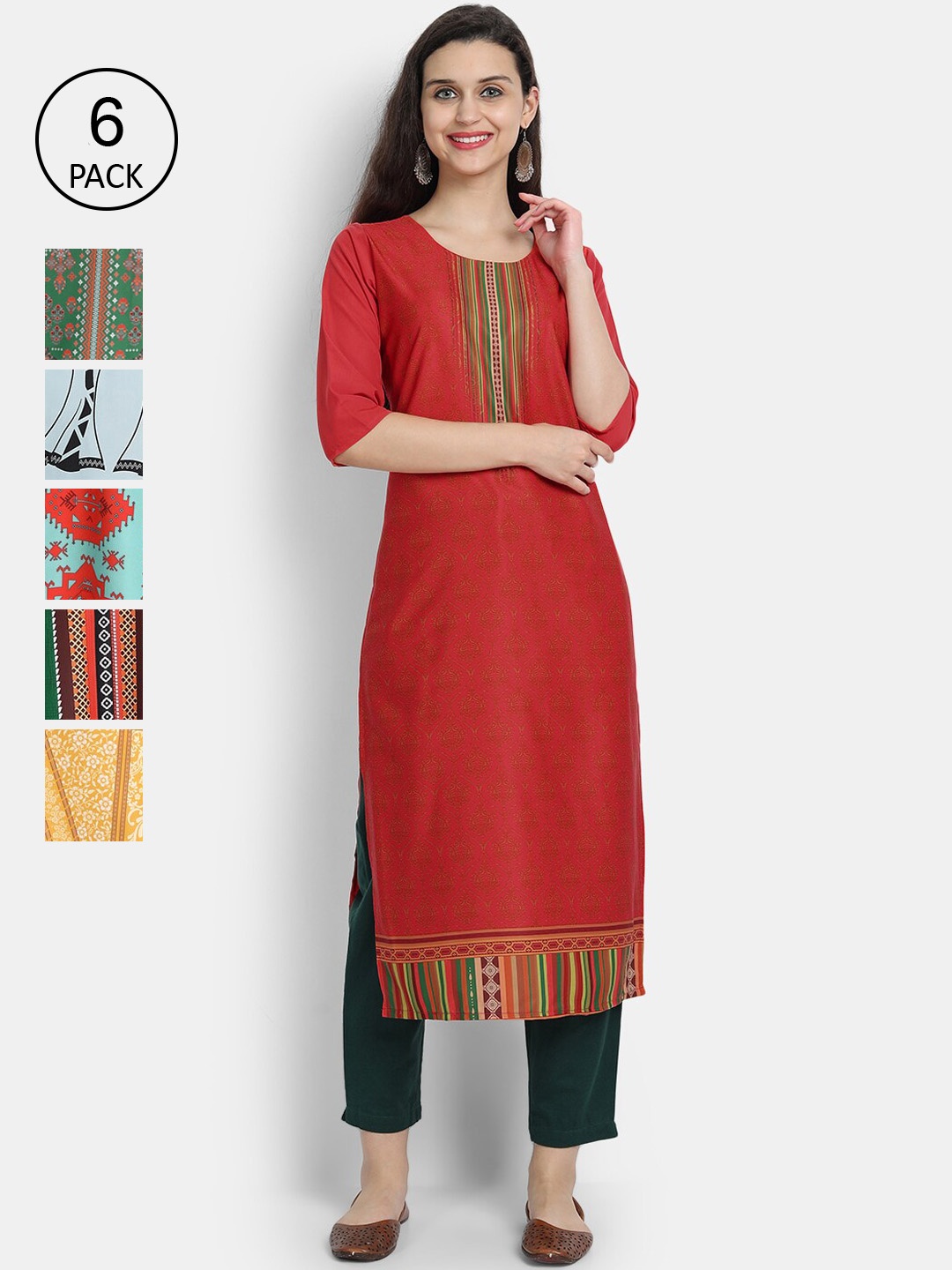 

Ethnic basket Women Pack of 6 Digital Printed Straight Kurtas, Maroon