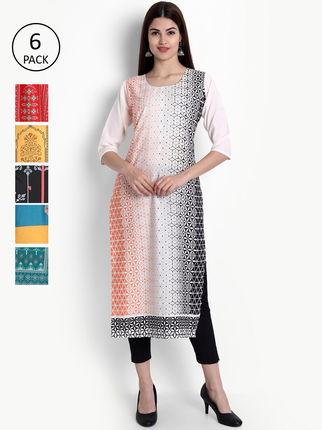 

Ethnic basket Women Multicoloured Pack Of 6 Printed Crepe Kurta, Multi