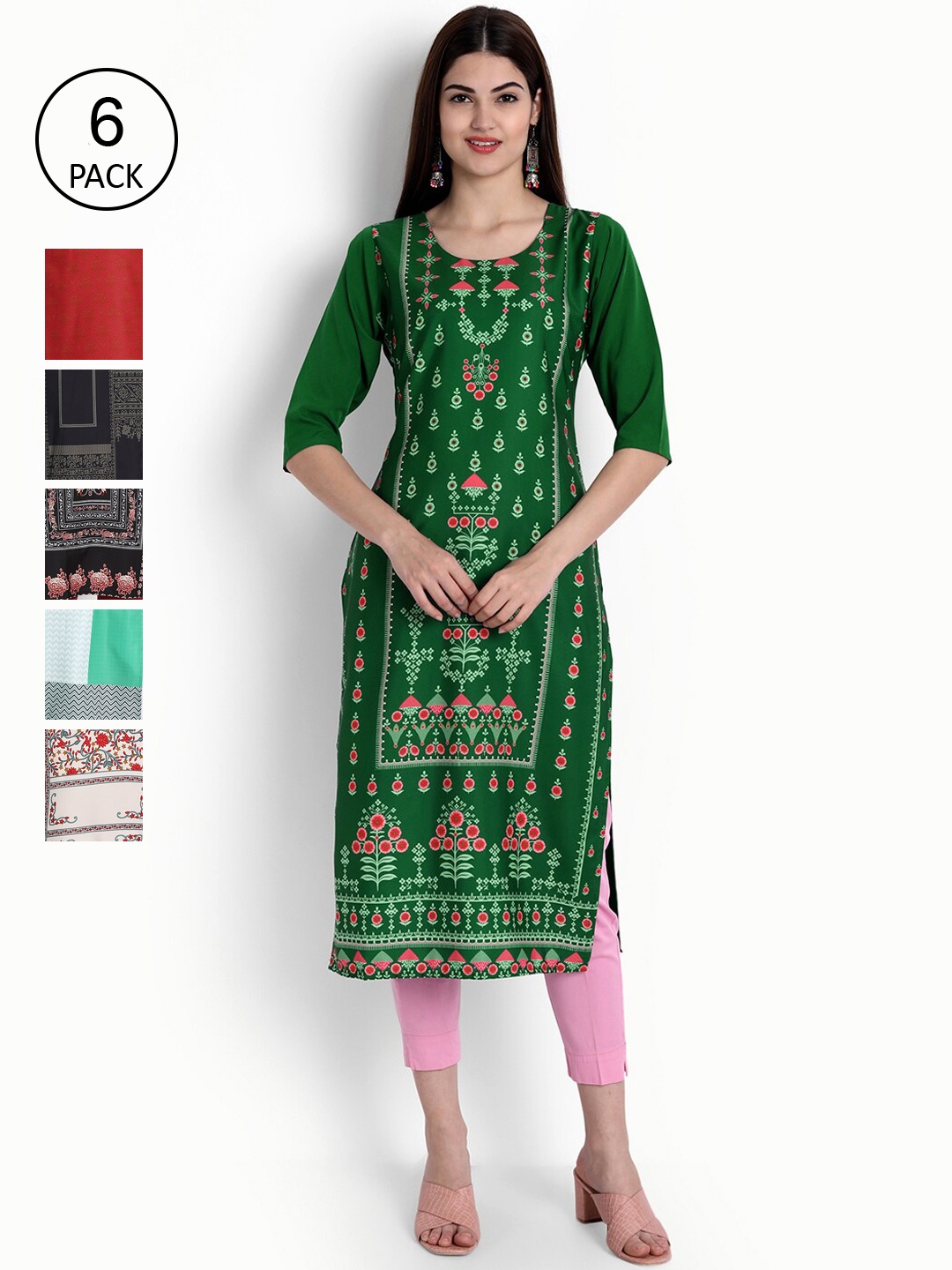 

Ethnic basket Women Multicoloured Set of 6 Ethnic Motifs Printed Crepe Kurta, Multi