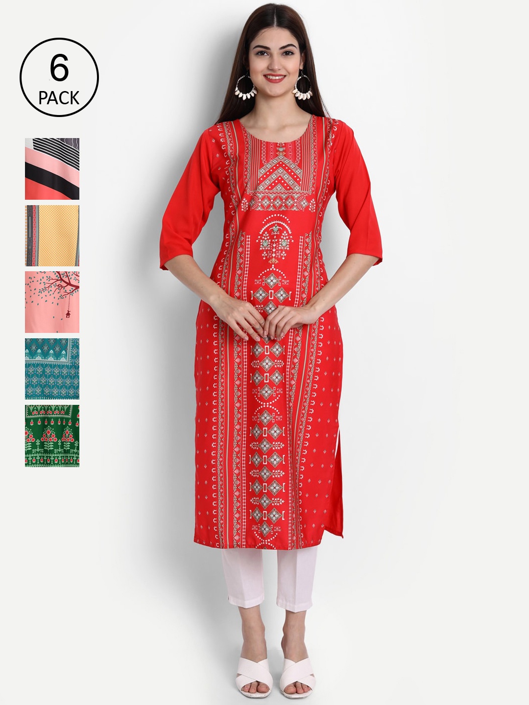 

Ethnic basket Women Set Of 6 Red & Green Ethnic Motifs Printed Crepe Kurta