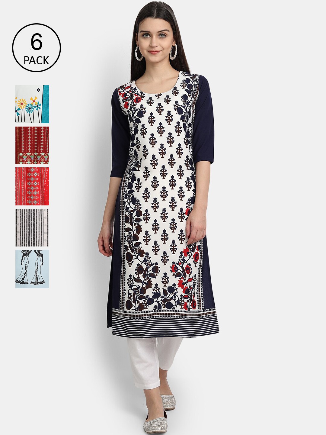 

Ethnic basket Women Pack of 6 Black & White Ethnic Motifs Printed Crepe Kurtas