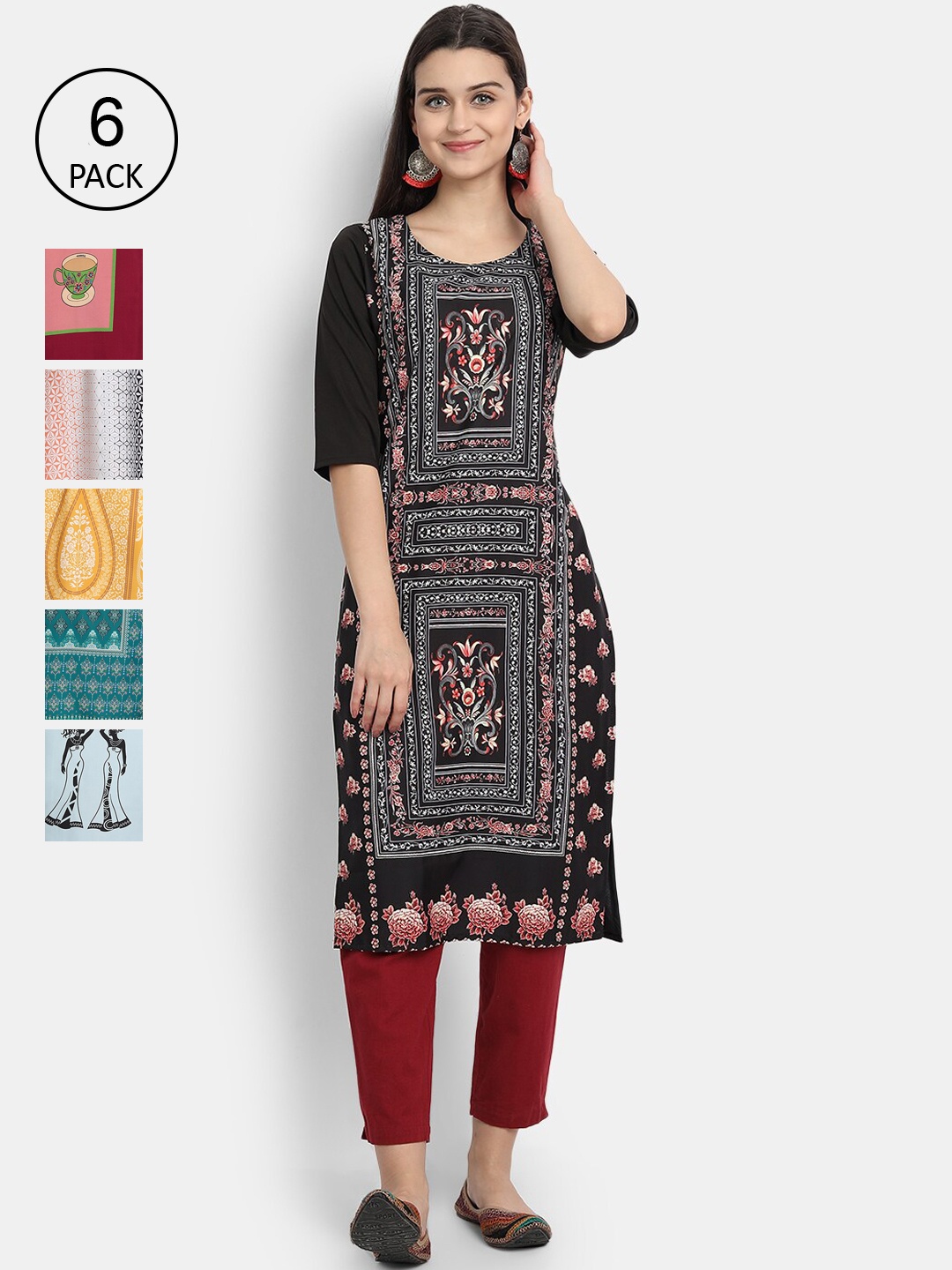 

Ethnic basket Women Multicoloured Pack Of 6 Ethnic Motifs Printed Crepe Kurta, Multi