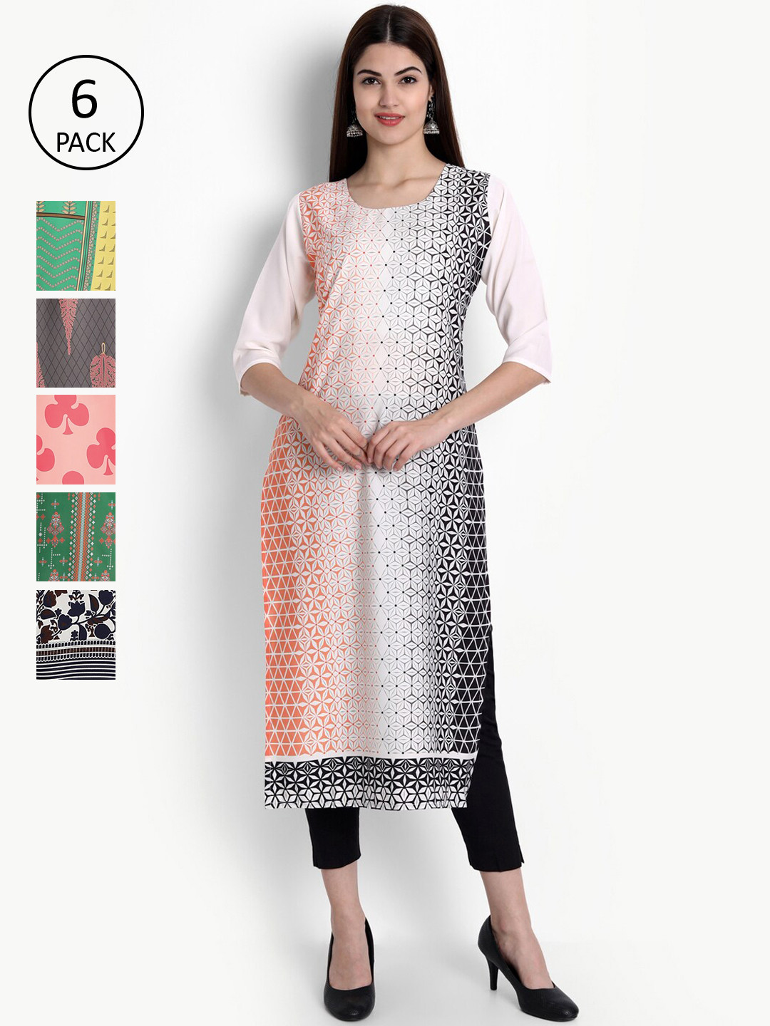 

Ethnic basket Women Pack of 6 Floral Printed Crepe Kurta, White