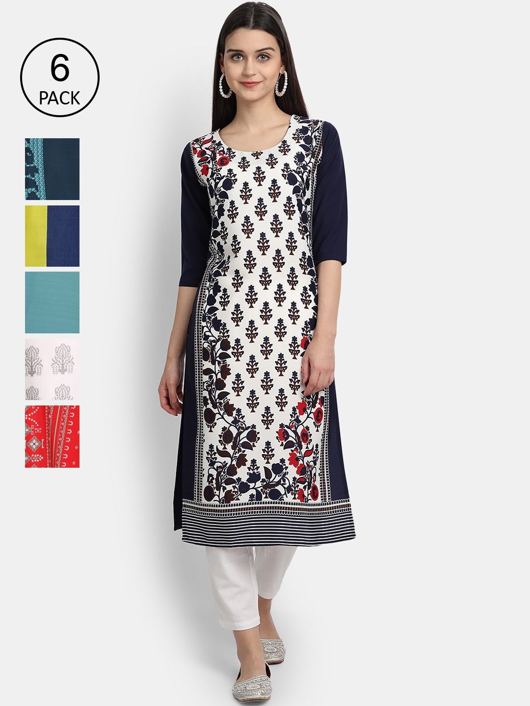 

Ethnic basket Women Pack of 6 Ethnic Motifs Printed Crepe Kurta, Black