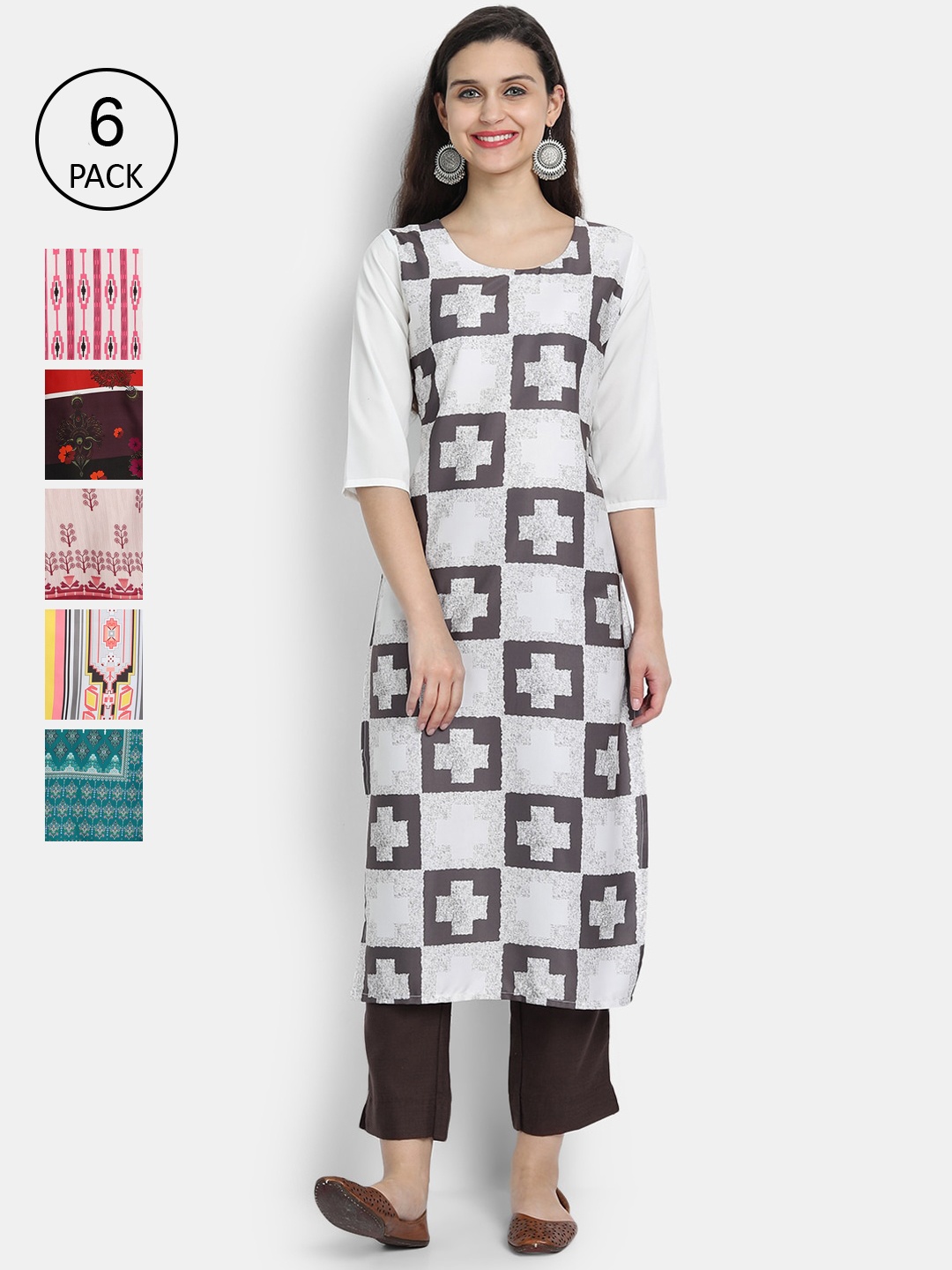 

Ethnic basket Women Set Of 6 White & Blue Geometric Printed Crepe Kurta