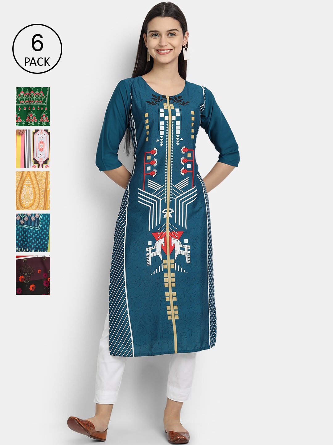 

Ethnic basket Women Pack of 6 Digital Printed Straight Kurtas, Teal