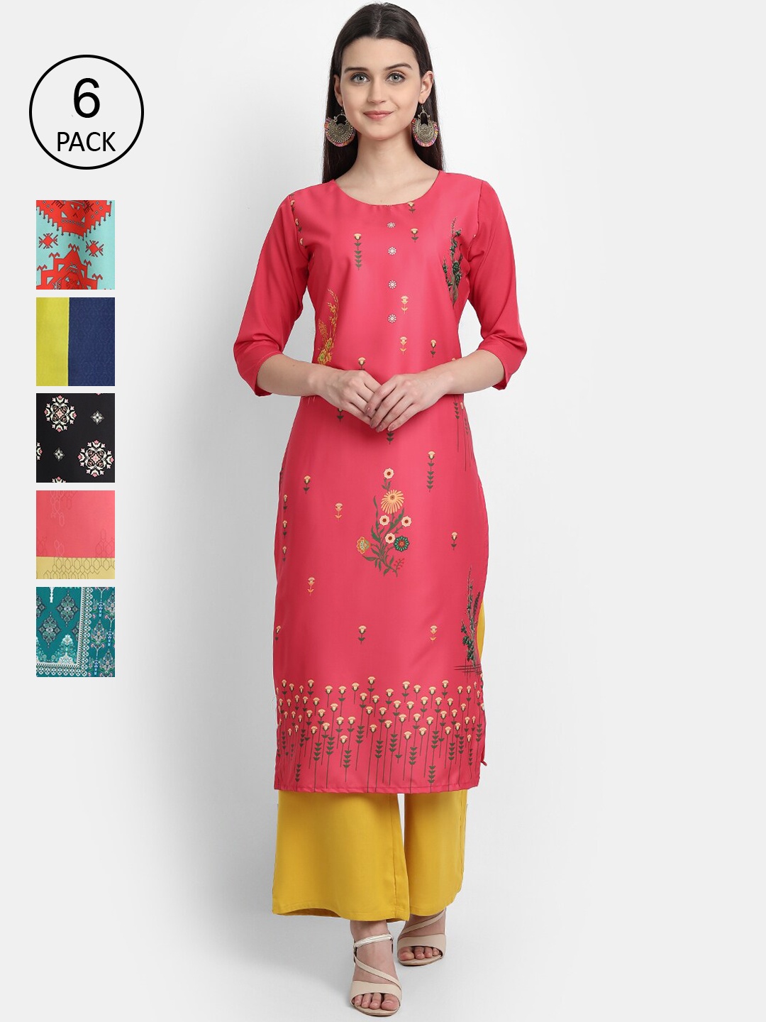 

Ethnic basket Women Set Of 6 Pink & Blue Floral Printed Crepe Kurta