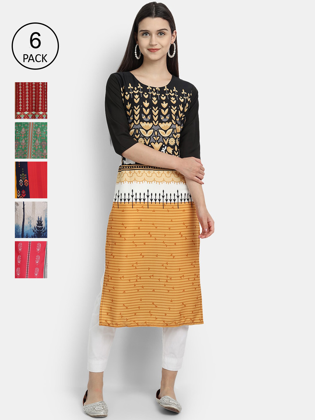 

Ethnic basket Women Yellow & White Ethnic Motifs Printed Crepe Kurta Pack Of 6