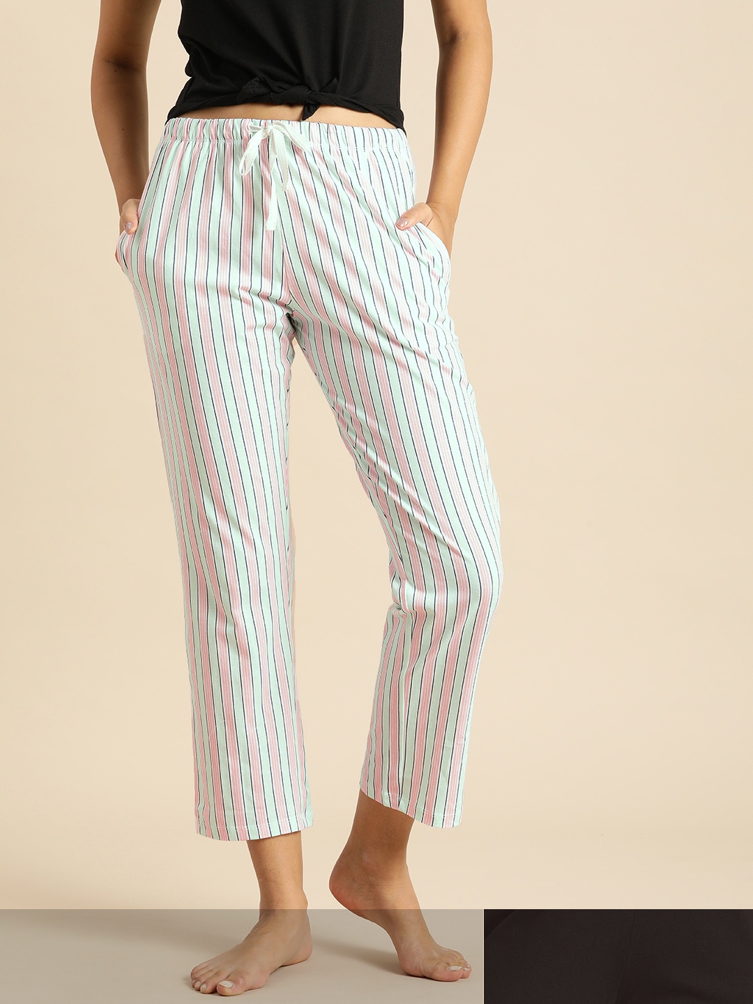 

Dreamz by Pantaloons Women Pack of 2 White & Black Striped Cotton Lounge Pants