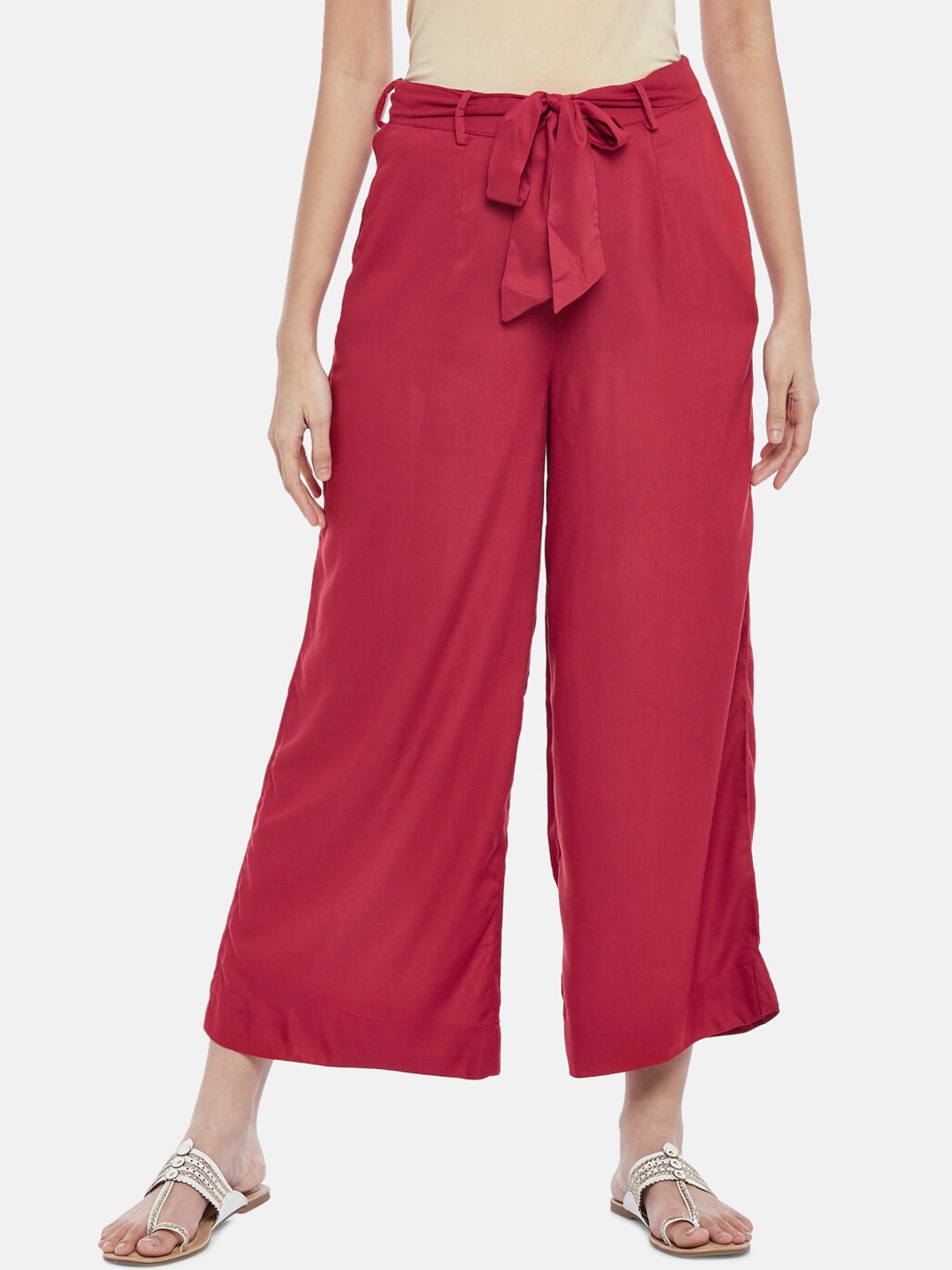 

AKKRITI BY PANTALOONS Women Maroon Cropped Ethnic Palazzos