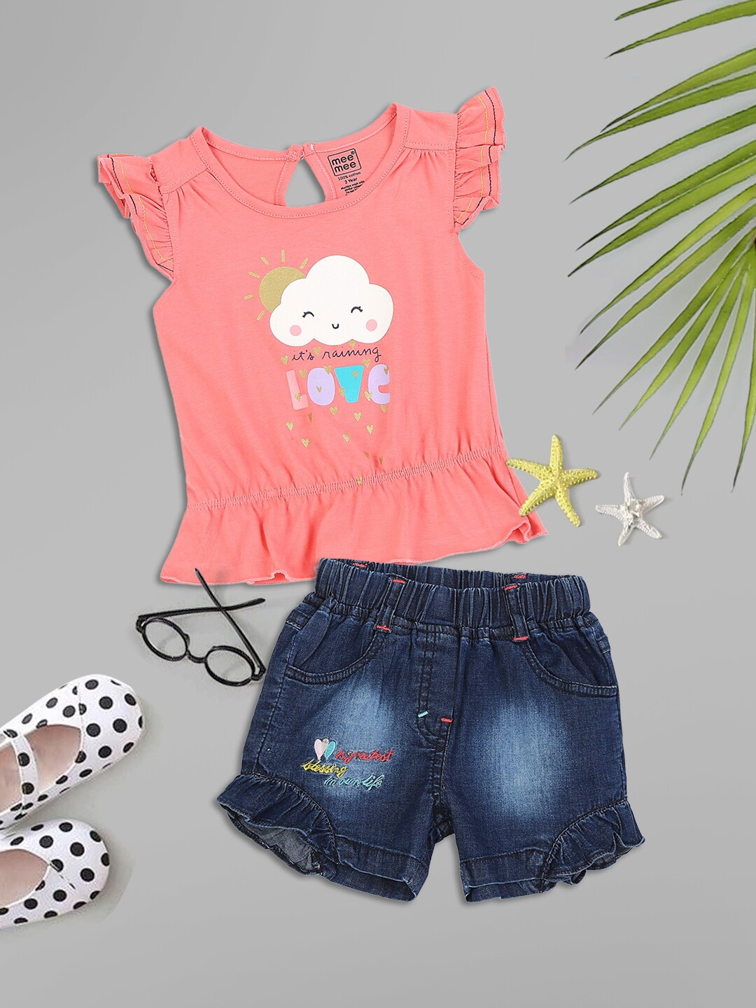 

MeeMee Girls Pink & Blue Printed Pure Cotton Top with Skirt