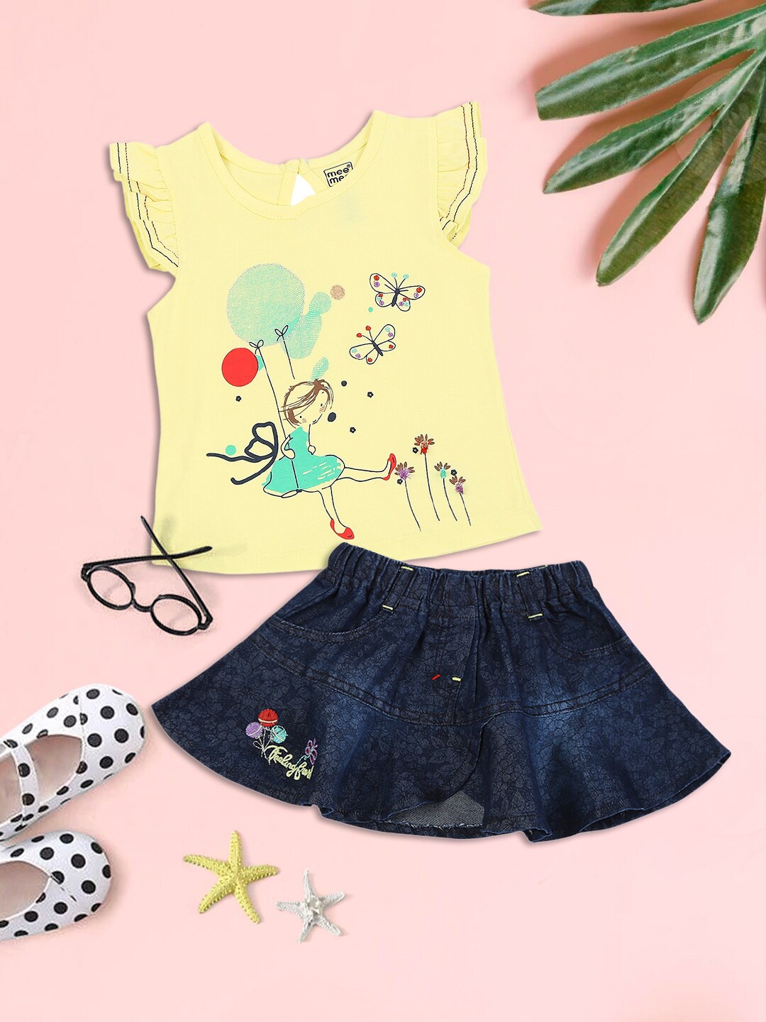 

MeeMee Girls Yellow & Blue Printed Pure Cotton Co-Ords