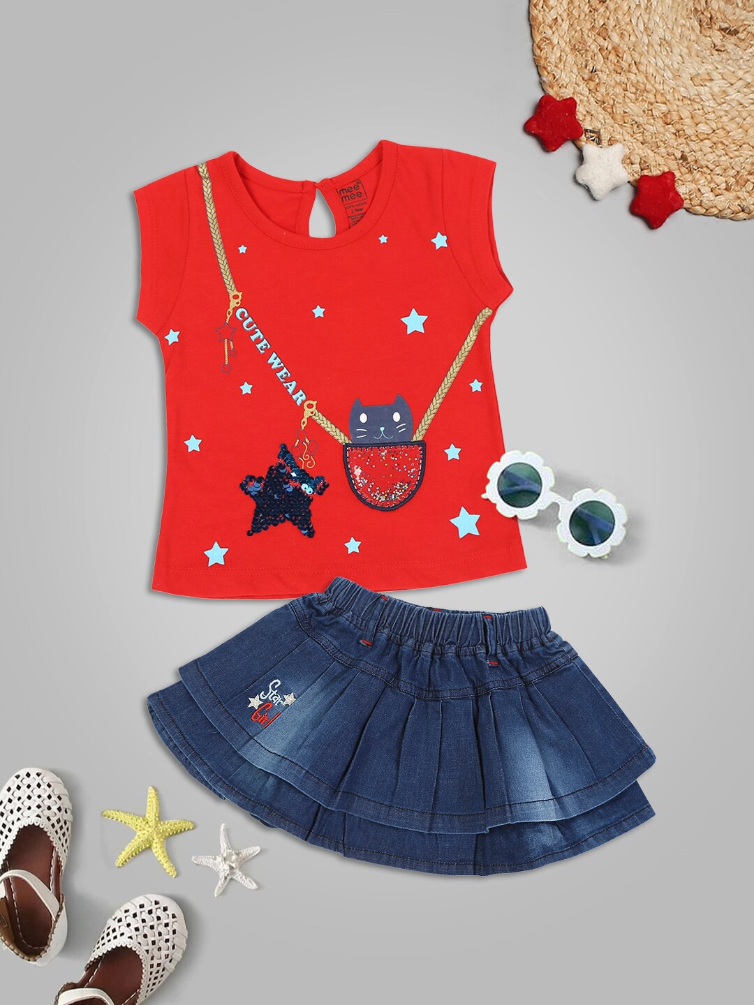 

MeeMee Girls Red & Blue Embellished Top with Skirt