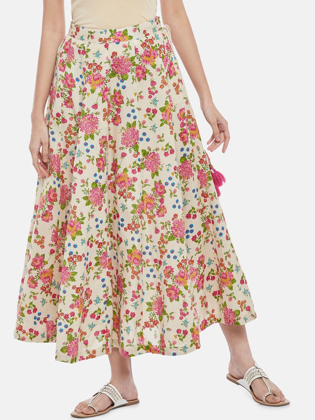 

AKKRITI BY PANTALOONS Cream-Coloured & Pink Floral Printed Flared Maxi Skirt