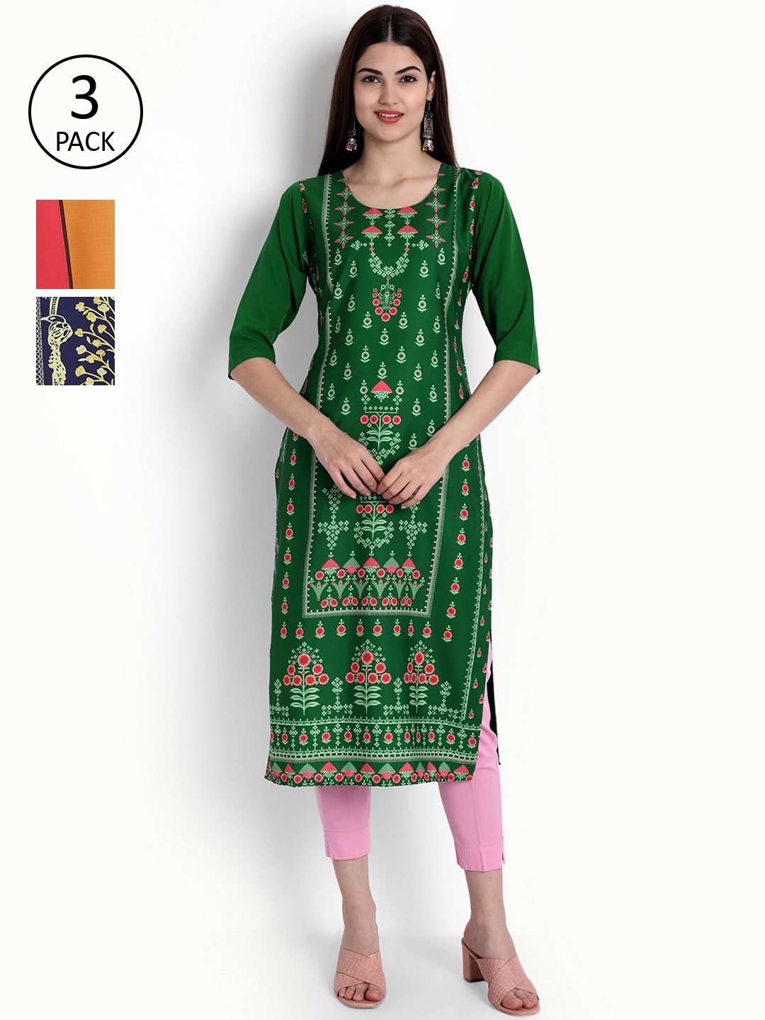 

Ethnic basket Women Green & Red Pack Of 3 Ethnic Motifs Printed Crepe Kurta