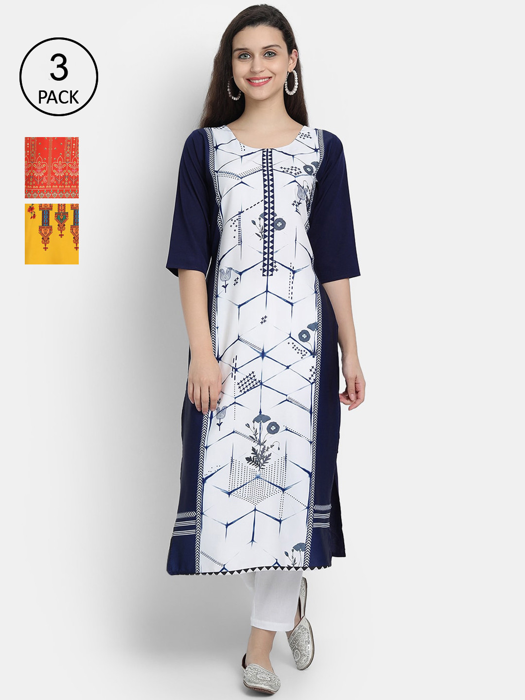 

Ethnic basket Women Pack of 3 Digital Printed Crepe Kurta, White