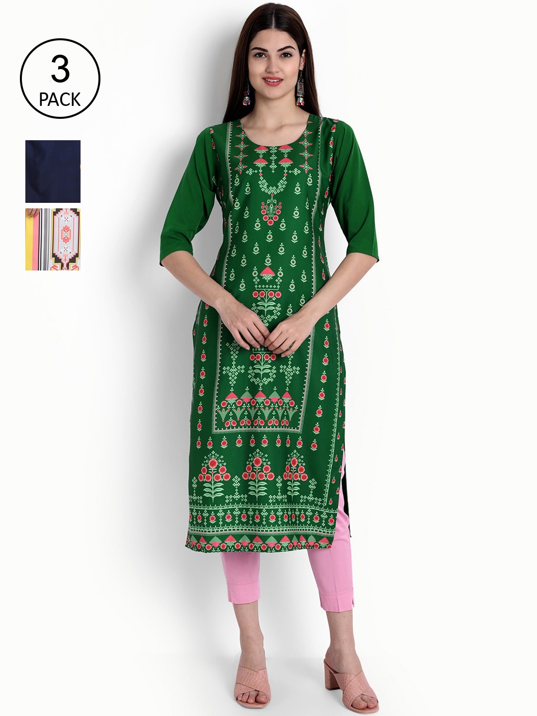 

Ethnic basket Women Set Of 3 Green & Yellow Ethnic Motifs Printed Crepe Kurta