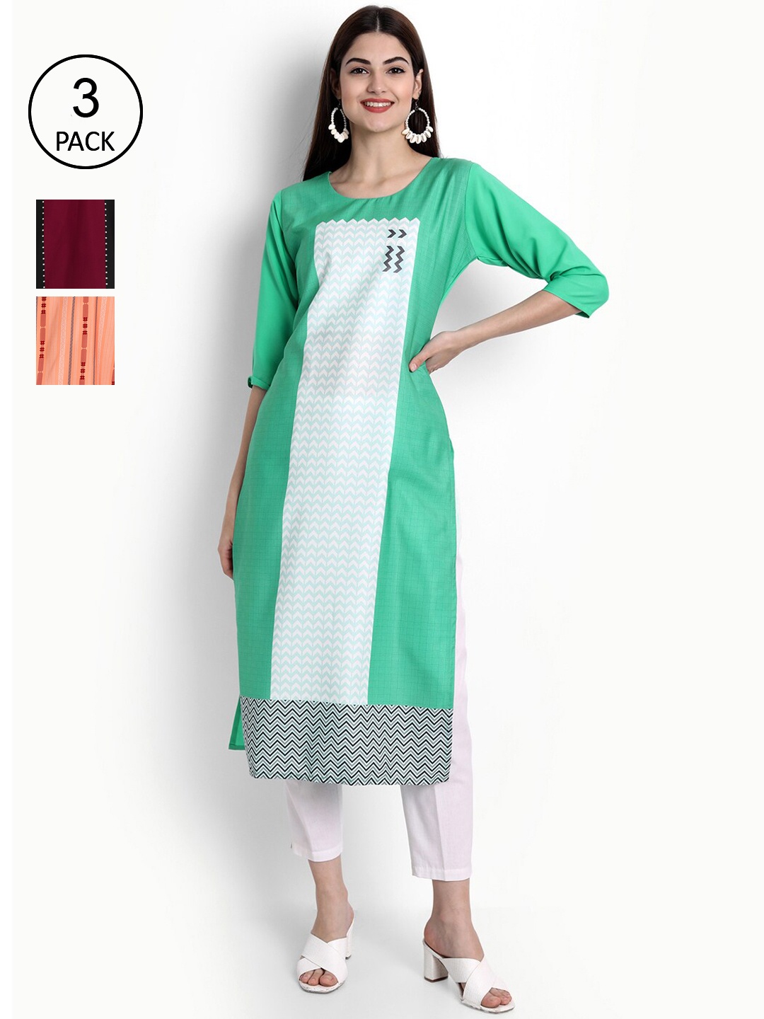 

Ethnic basket Women Green & Peach-Coloured Striped Crepe Kurta Pack Of 3