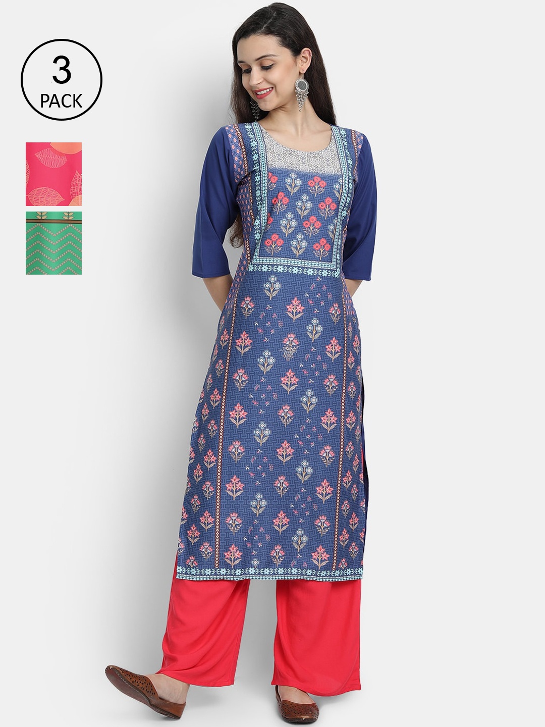 

Ethnic basket Women Multicoloured Set of 3 Ethnic Motifs Printed Crepe Kurta, Multi