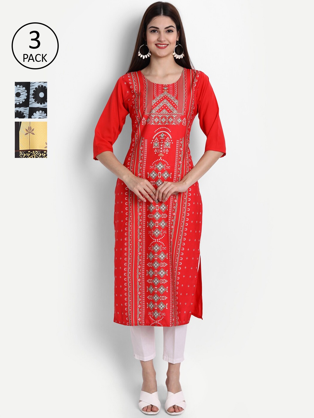

Ethnic basket Women Multicoloured Set of 3 Ethnic Motifs Printed Crepe Kurta, Multi