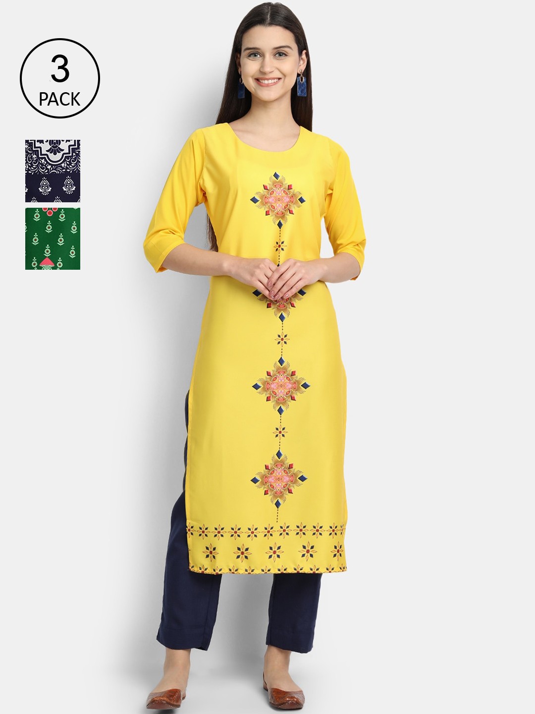

Ethnic basket Women Set Of 3 Yellow & Black Ethnic Motifs Printed Crepe Kurta