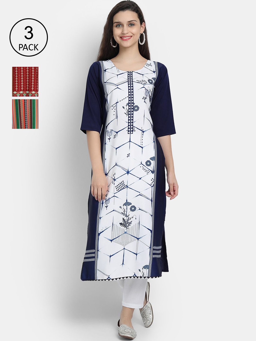 

Ethnic basket Women Pack of 3 Digital Printed Crepe Kurta, White